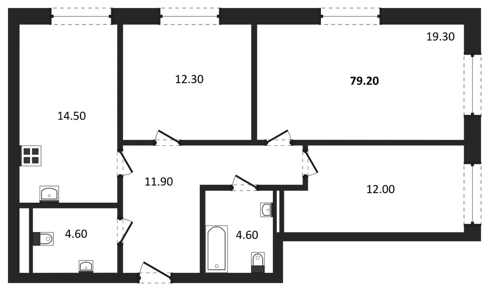 Планировка: 3-комн., 79,2 м²