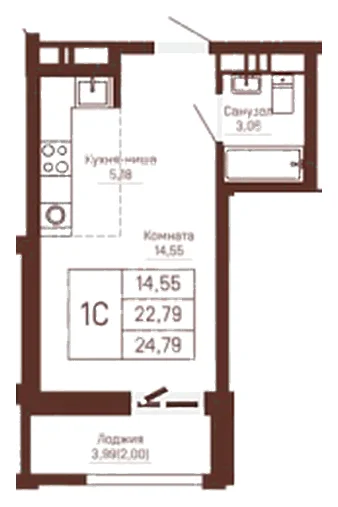 Планировка: Студия, 24,8 м²