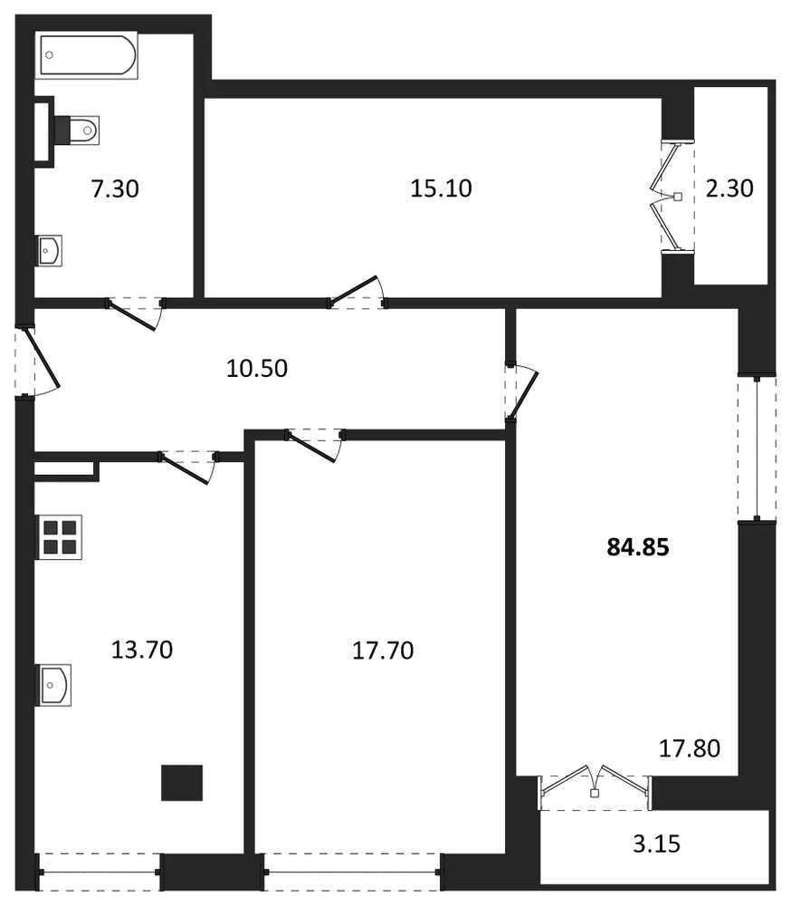 Планировка: 3-комн., 84,7 м²