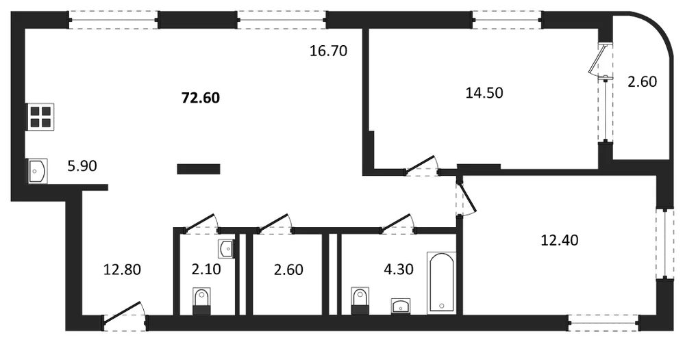 Планировка: 2-комн., 72,6 м²