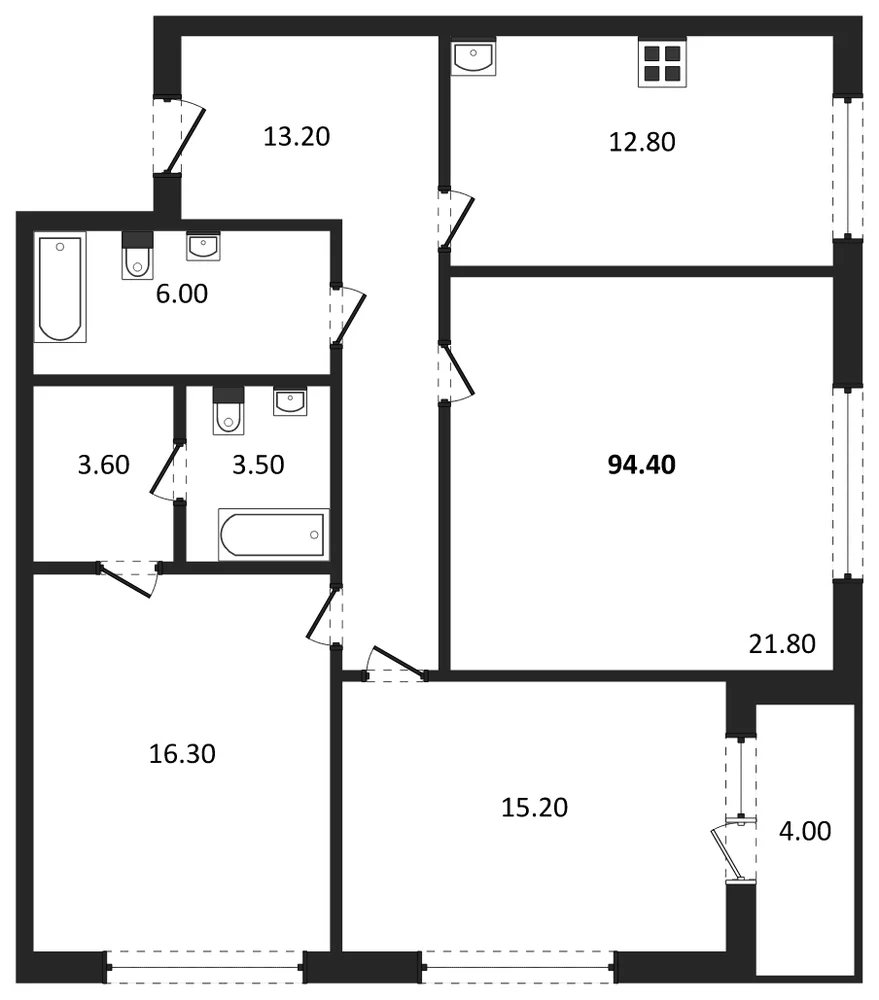 Планировка: 3-комн., 93,9 м²