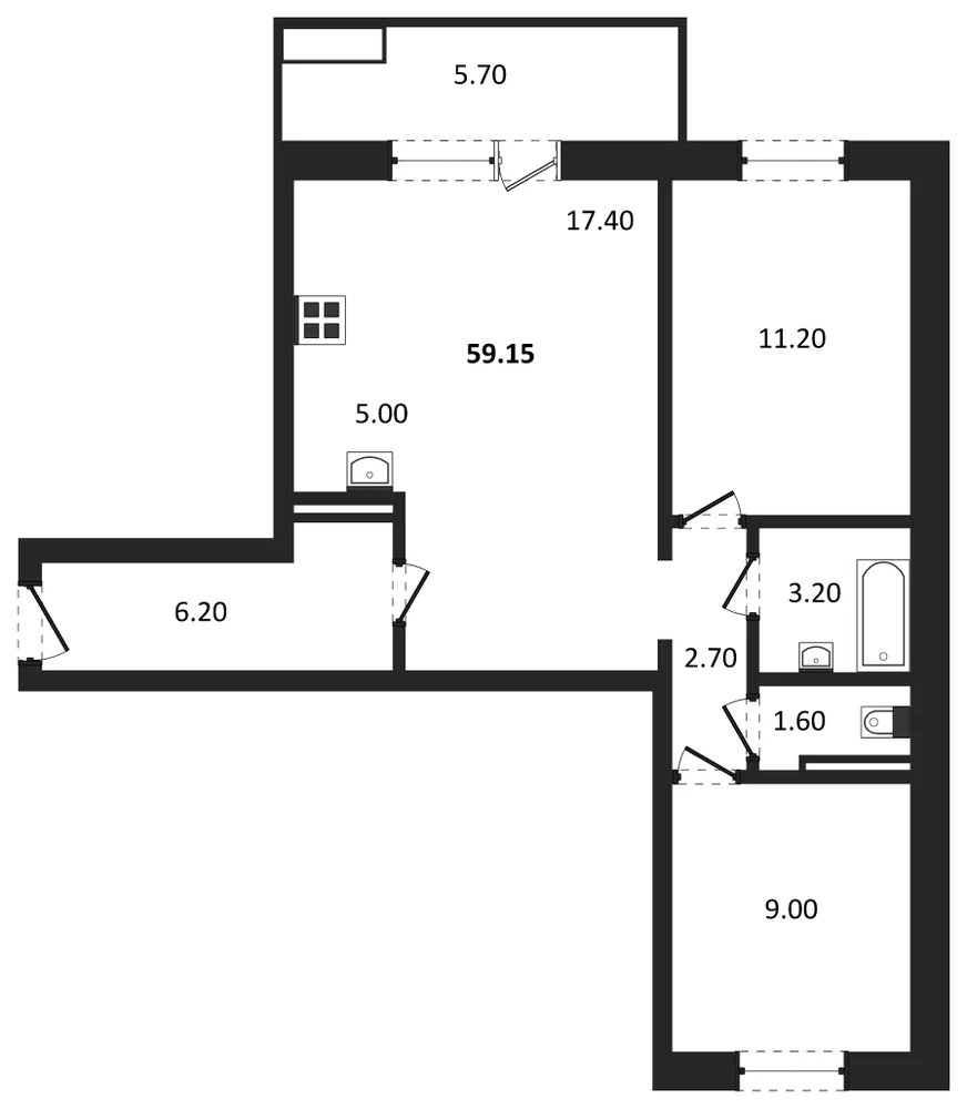Планировка: 2-комн., 59,2 м²