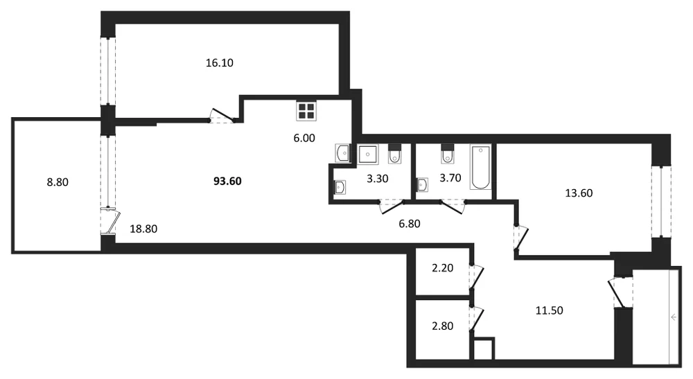 Планировка: 2-комн., 93,3 м²