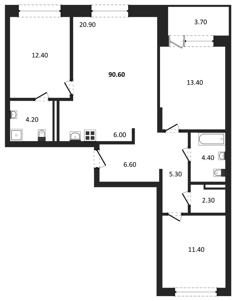 Планировка: 3-комн., 90,6 м²