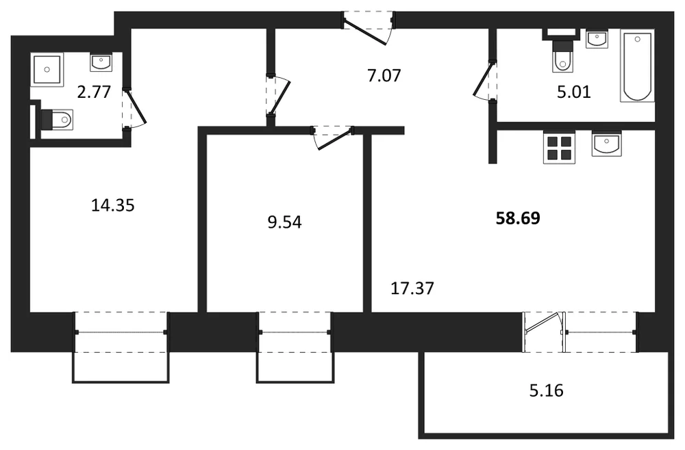 Планировка: 2-комн., 58,7 м²