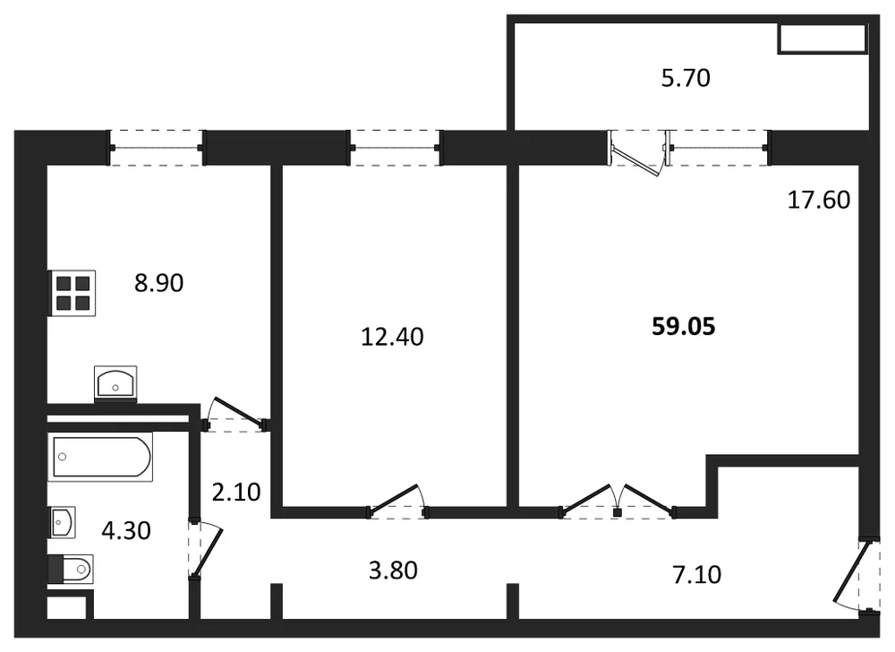 Планировка: 2-комн., 59,1 м²