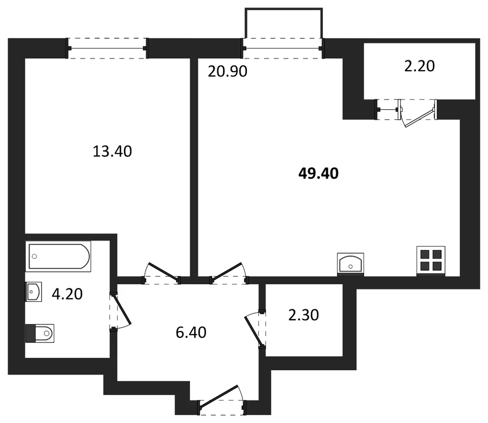 Планировка: 1-комн., 49,4 м²
