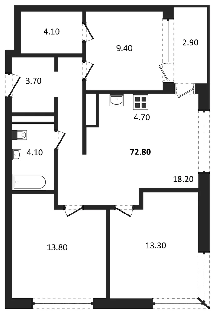Планировка: 3-комн., 72,8 м²