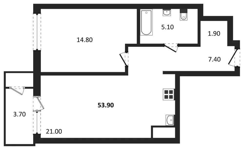 Планировка: 1-комн., 53,9 м²