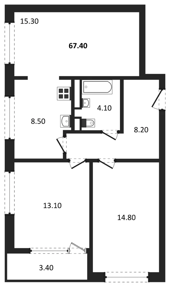 Планировка: 2-комн., 67,4 м²