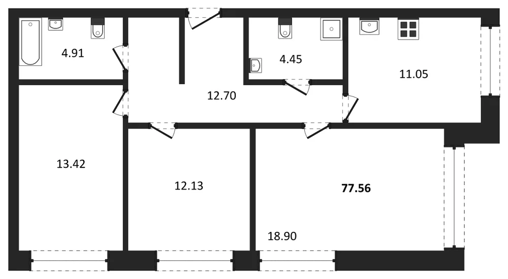Планировка: 3-комн., 76,6 м²