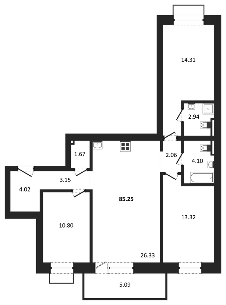 Планировка: 3-комн., 85,3 м²