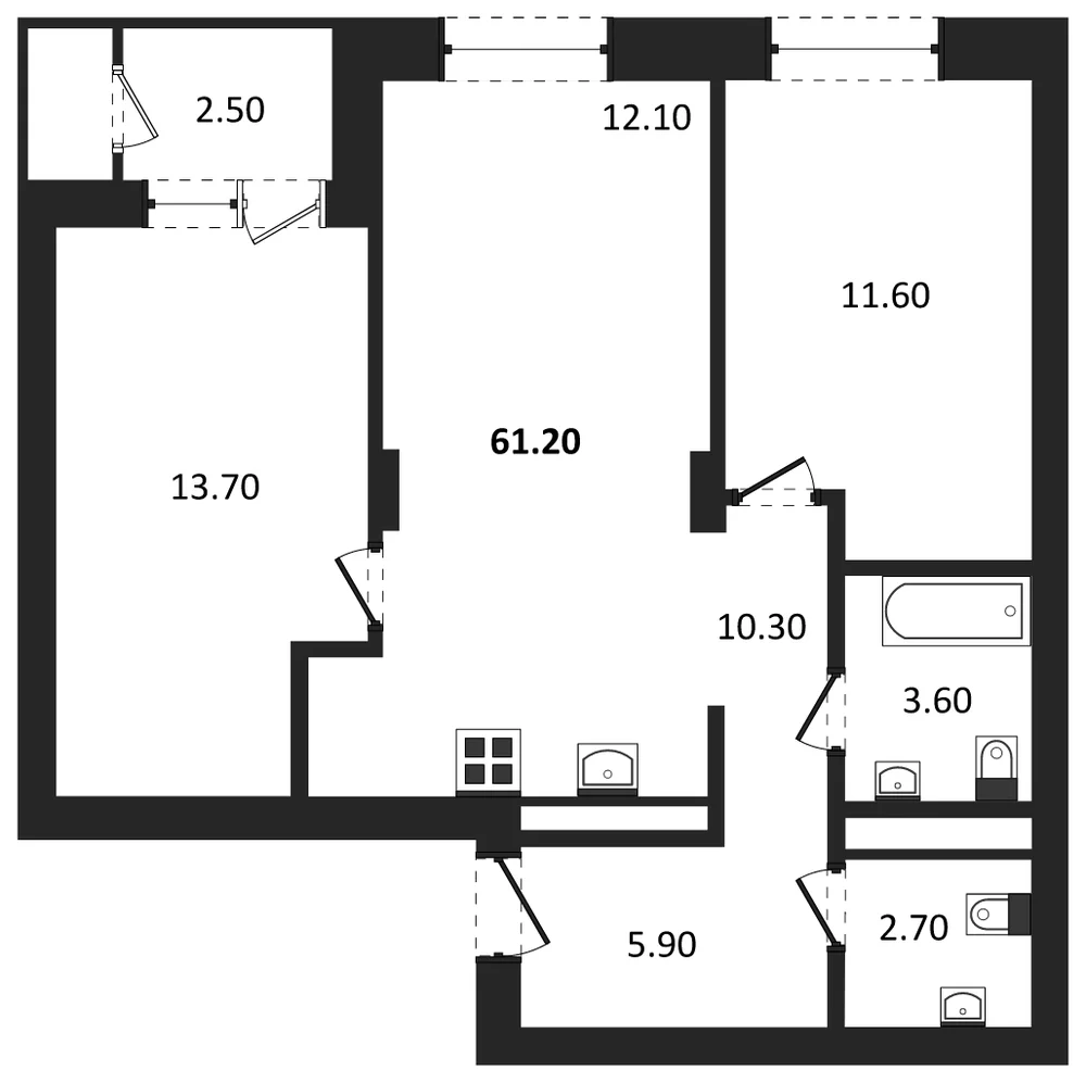 Планировка: 2-комн., 61,2 м²