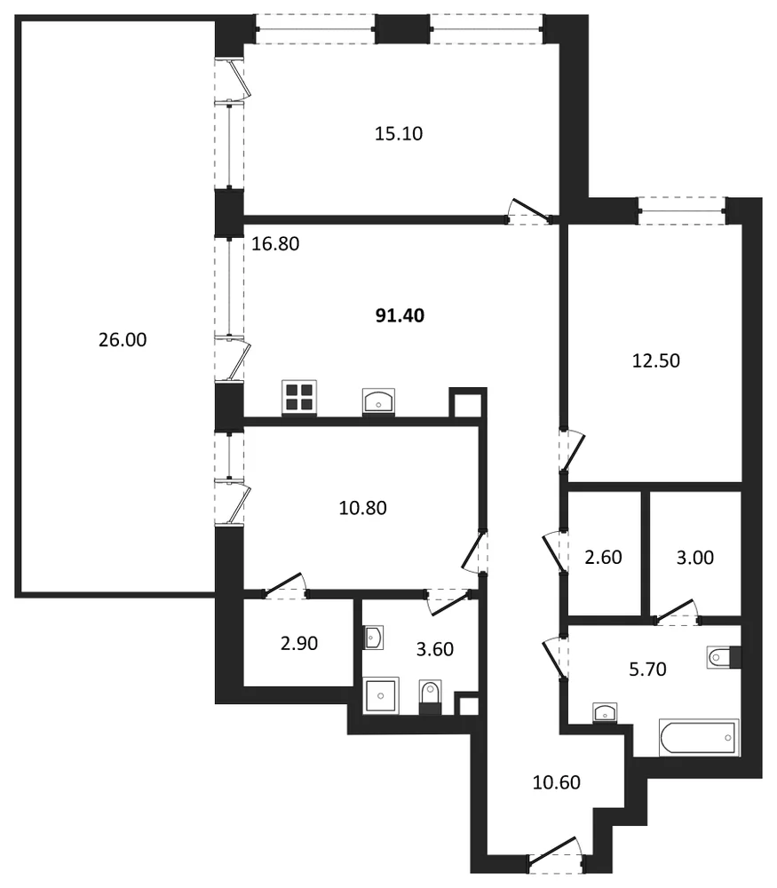 Планировка: 3-комн., 91,4 м²