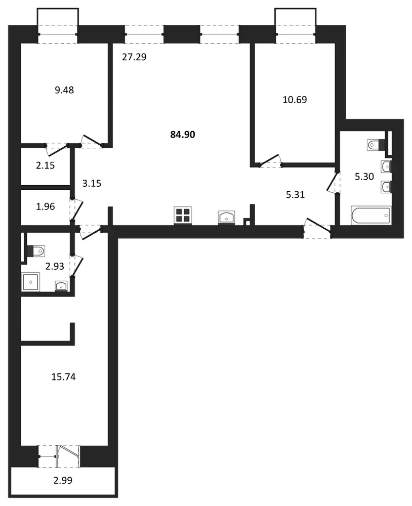 Планировка: 3-комн., 84,9 м²
