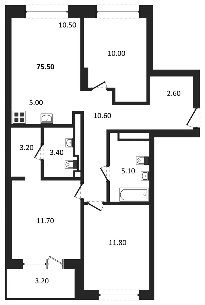 Планировка: 3-комн., 75,5 м²