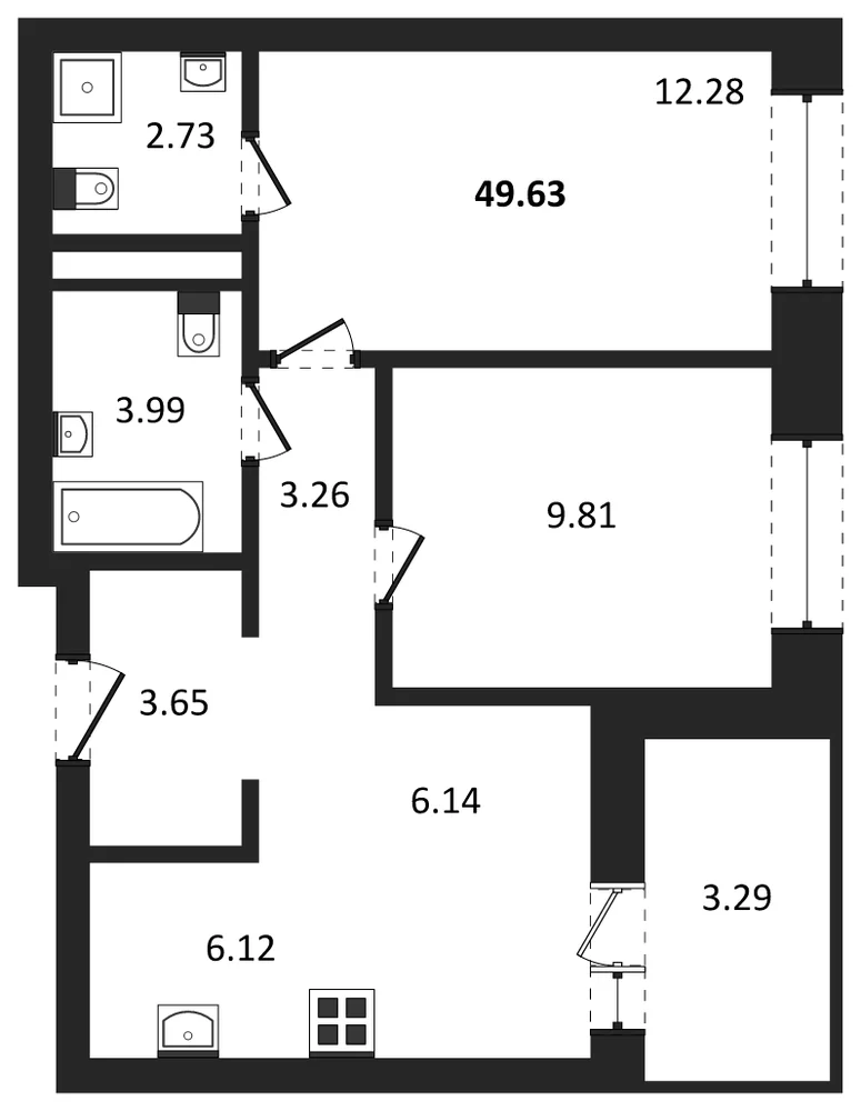 Планировка: 2-комн., 49,6 м²