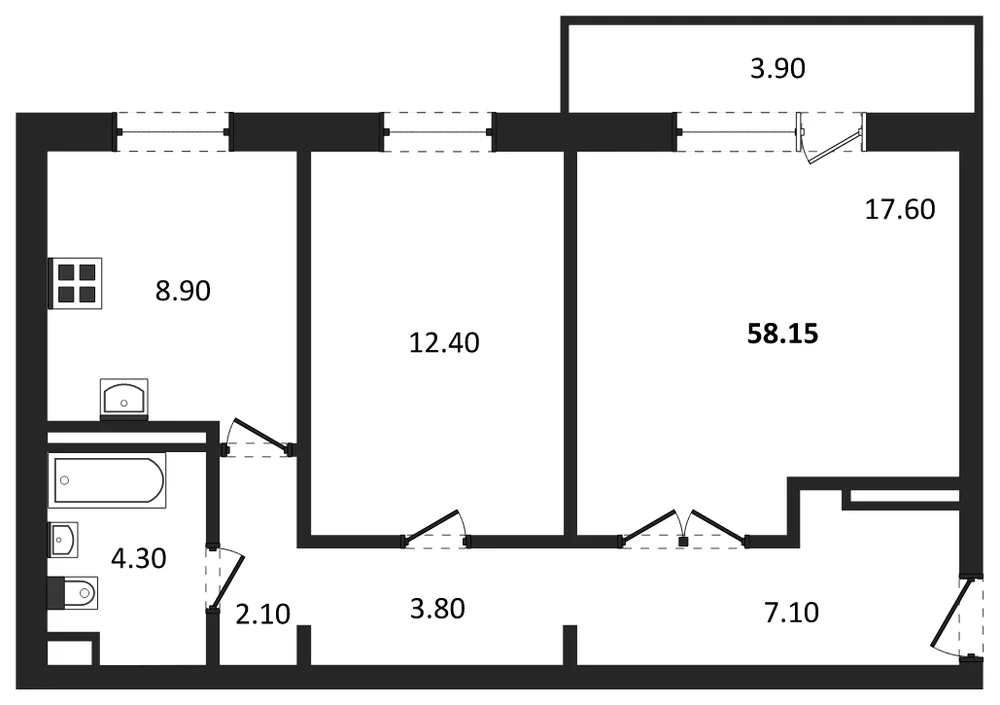 Планировка: 2-комн., 56 м²