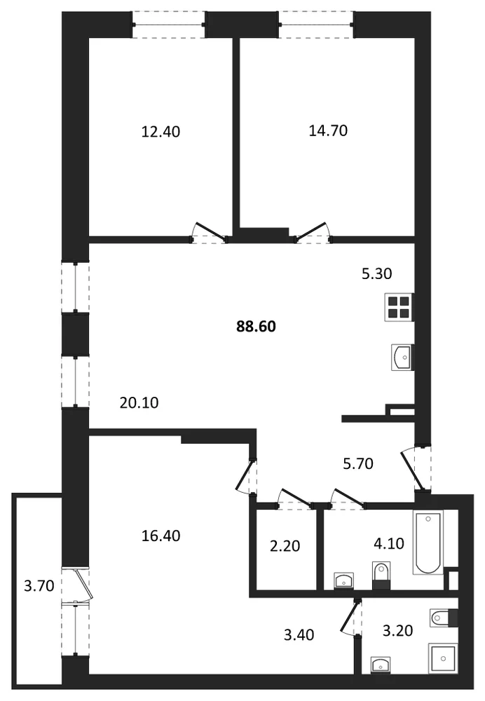 Планировка: 3-комн., 88,6 м²
