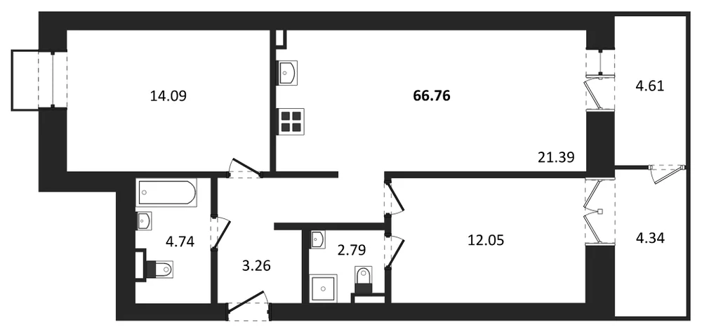 Планировка: 2-комн., 66,8 м²