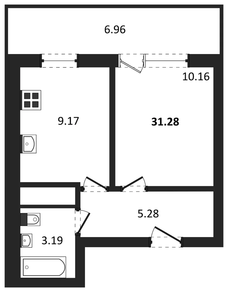 Планировка: 1-комн., 31,3 м²