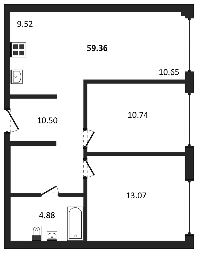 Планировка: 2-комн., 59,3 м²