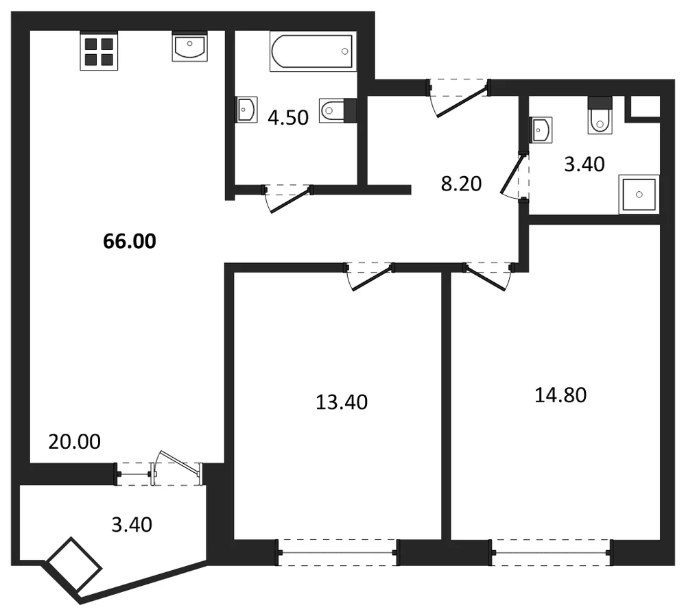 Планировка: 2-комн., 66,1 м²