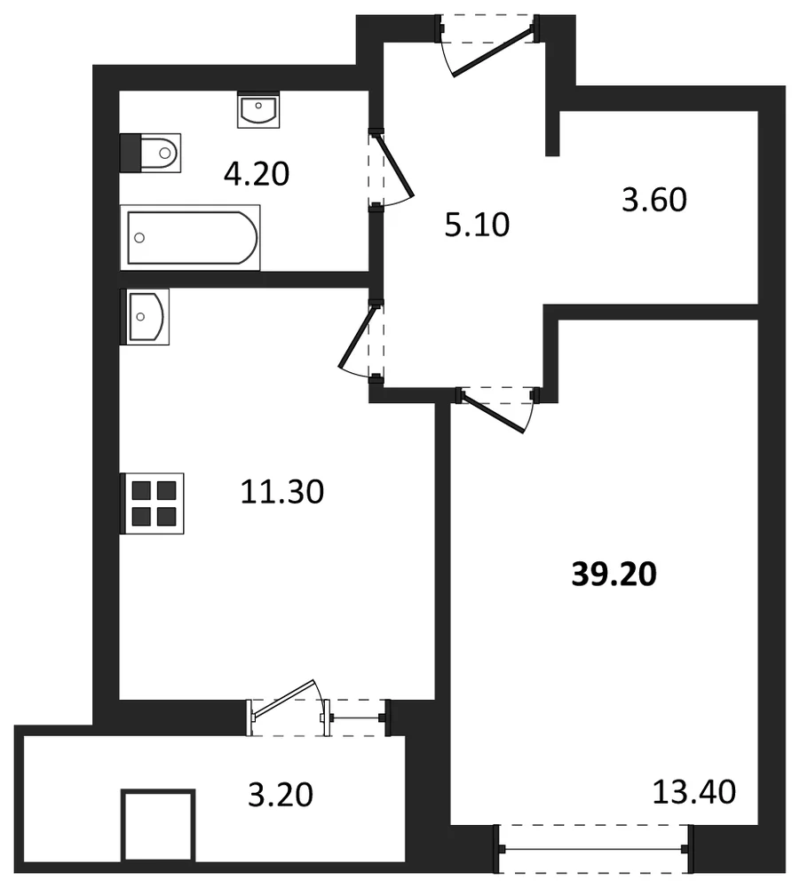 Планировка: 1-комн., 39,2 м²