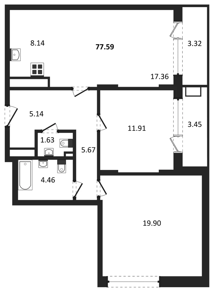 Планировка: 2-комн., 77,6 м²