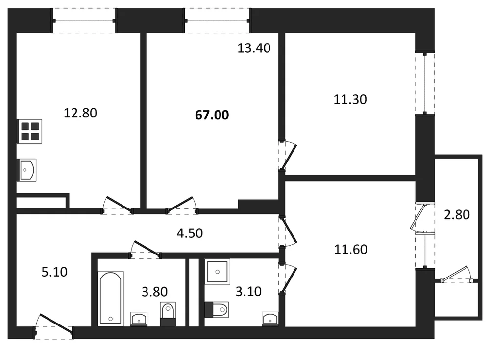Планировка: 3-комн., 66 м²