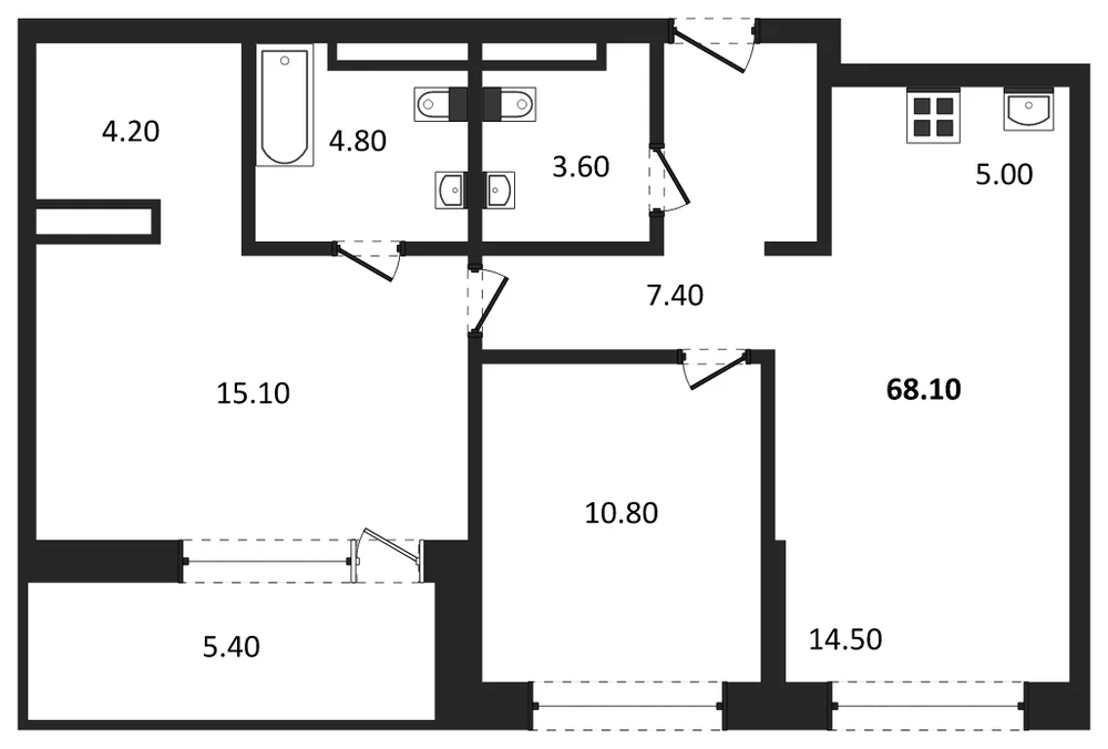 Планировка: 2-комн., 68,1 м²