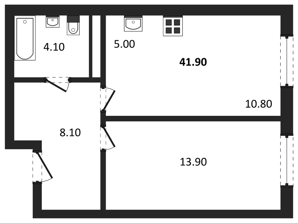 Планировка: 1-комн., 41,9 м²