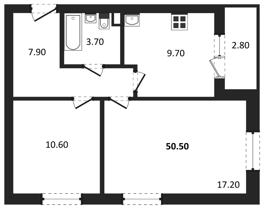 Планировка: 2-комн., 50,5 м²