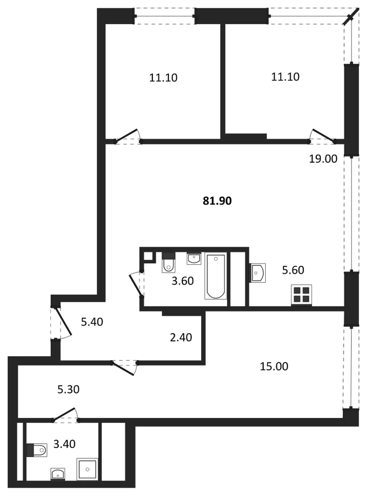 Планировка: 3-комн., 81,9 м²