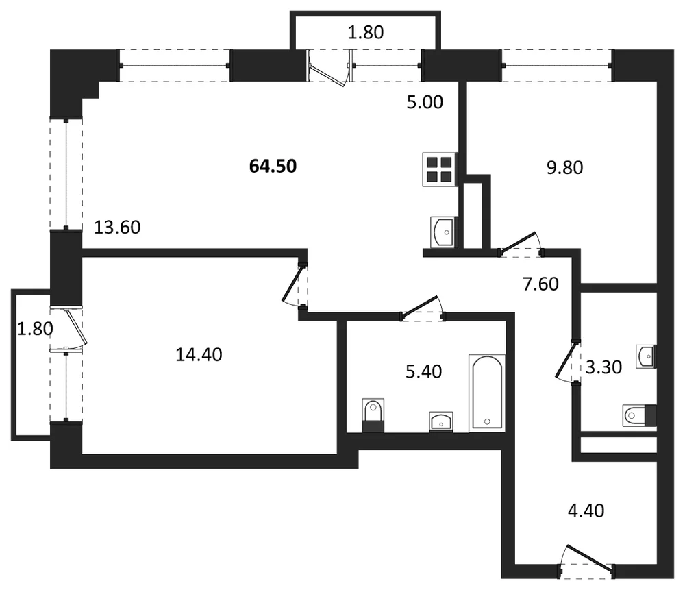 Планировка: 3-комн., 64,5 м²
