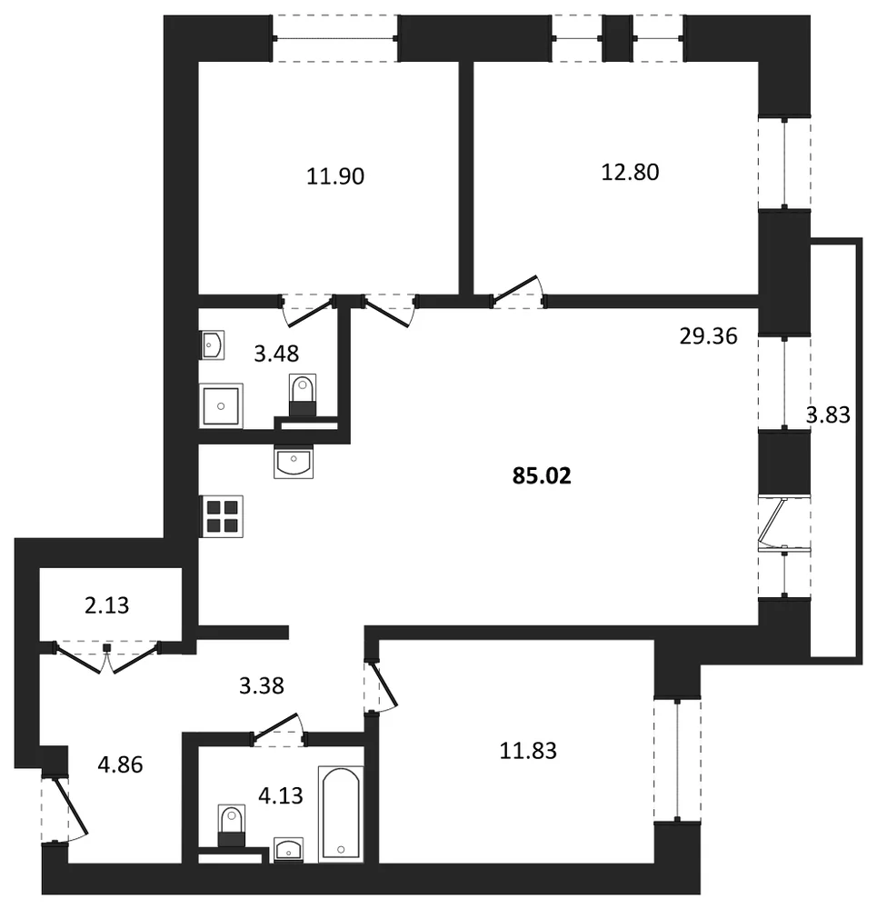Планировка: 3-комн., 85 м²