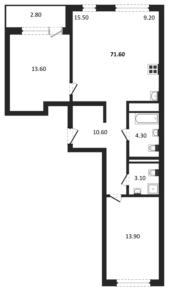 Планировка: 2-комн., 71,6 м²