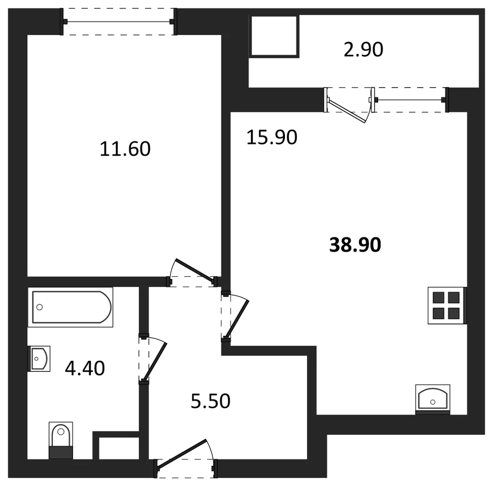 Планировка: 1-комн., 38,9 м²