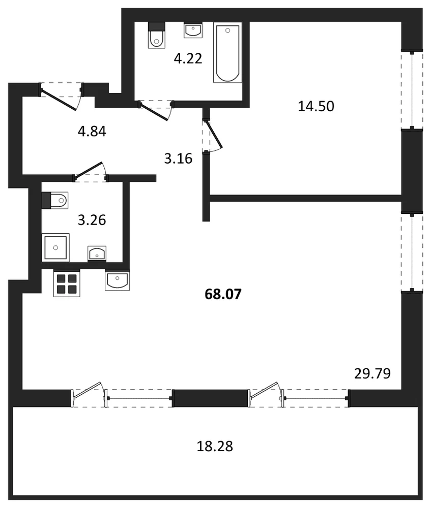 Планировка: 1-комн., 67,8 м²