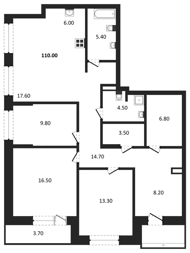 Планировка: 3-комн., 110 м²