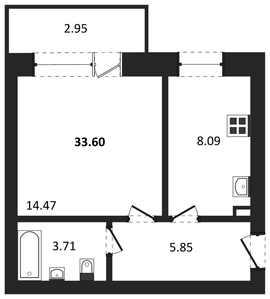 Планировка: 1-комн., 33,6 м²