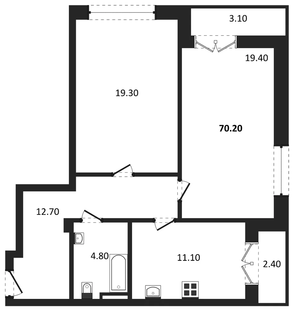 Планировка: 2-комн., 70,7 м²