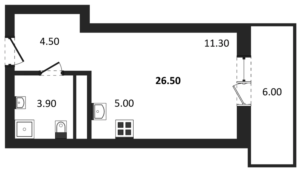 Планировка: Студия, 26,5 м²
