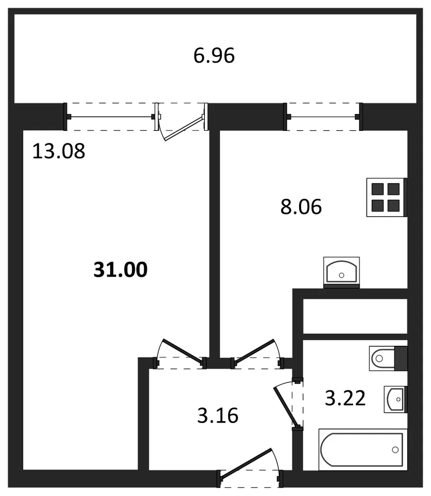 Планировка: 1-комн., 31 м²