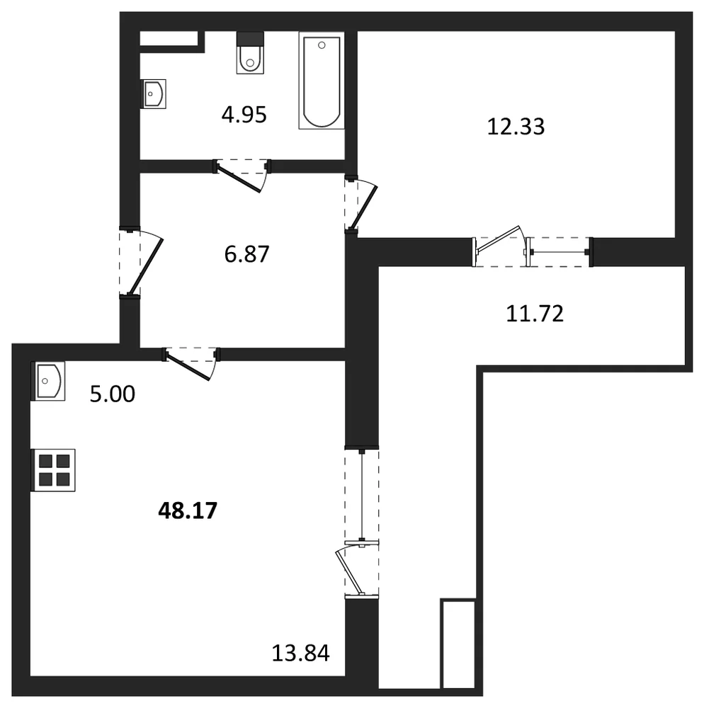 Планировка: 1-комн., 48,2 м²