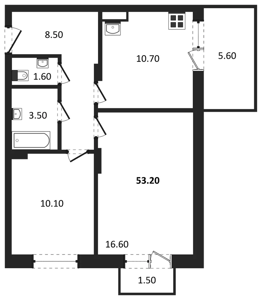 Планировка: 2-комн., 53,2 м²