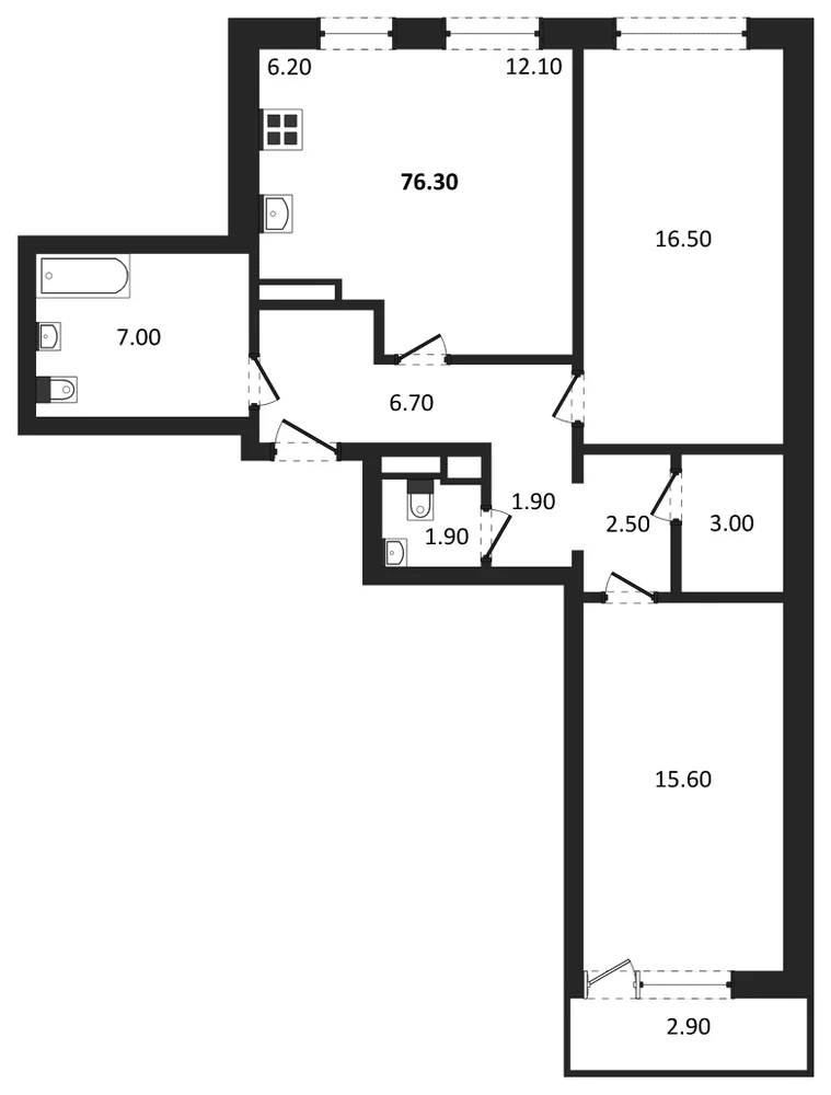 Планировка: 2-комн., 76,3 м²