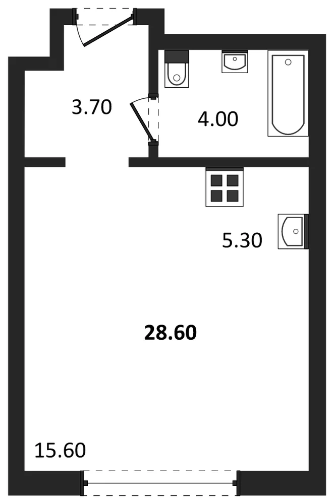 Планировка: Студия, 28,6 м²