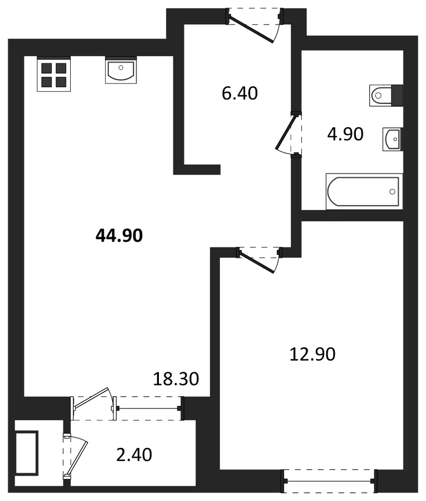 Планировка: 1-комн., 44,9 м²