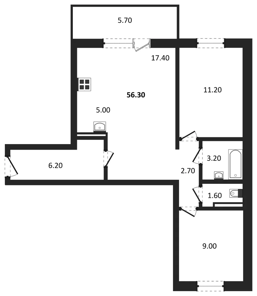 Планировка: 2-комн., 55,6 м²